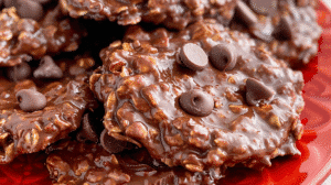 chocolate chip no bake cookies made with oats, peanut butter, cocoa powder, and mini chocolate chips.