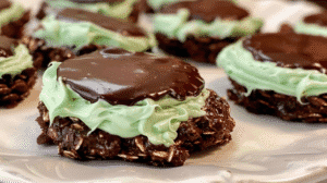 Chocolate Mint No Bake Cookies with peppermint frosting and dark chocolate topping
