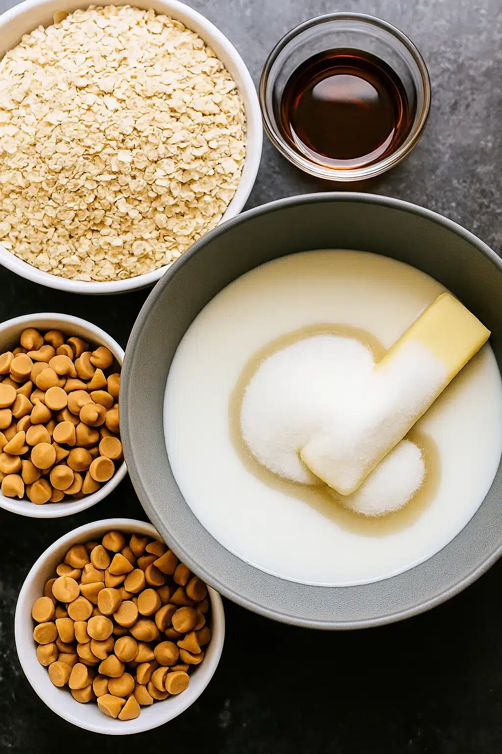 Ingredients for Classic Butterscotch No Bake Cookies with oats, milk, butter, sugar, and butterscotch chips