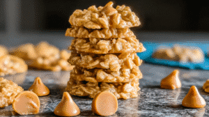 Classic Butterscotch No Bake Cookies stacked with butterscotch chips and oats