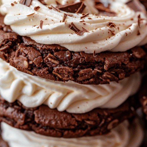 Close-up of Classic No Bake Cookies with Cream Cheese Frosting featuring chocolate oat cookies and creamy icing