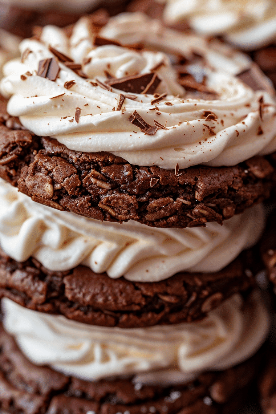 Close-up of Classic No Bake Cookies with Cream Cheese Frosting featuring chocolate oat cookies and creamy icing