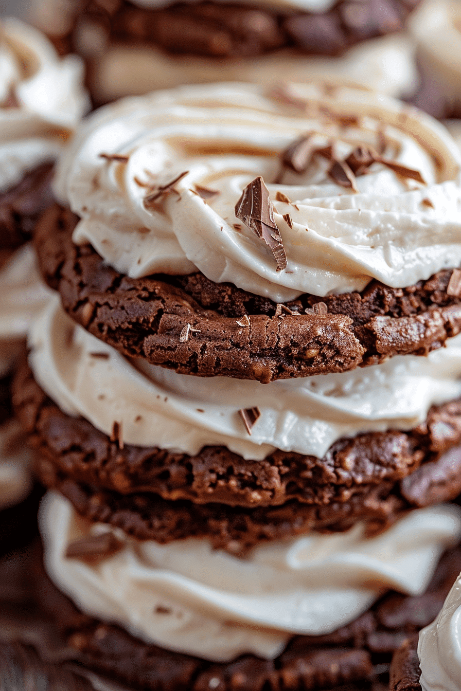 Close-up stack of Classic No Bake Cookies with Cream Cheese Frosting and chocolate shavings