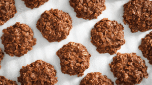 Classic no bake cookies with coffee and peanut butter laid out on white background – easy no bake dessert recipe