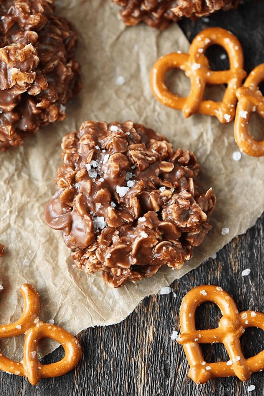 Close-up overhead of no bake chocolate pretzel cookie with oats on parchment paper