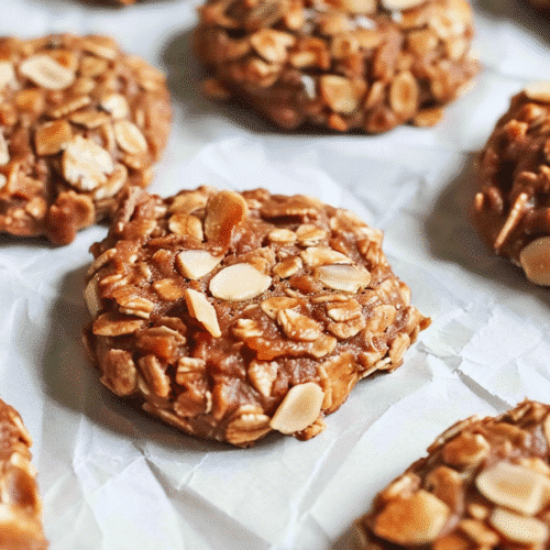Close-up of a no bake cookie with maple syrup and oats on parchment paper