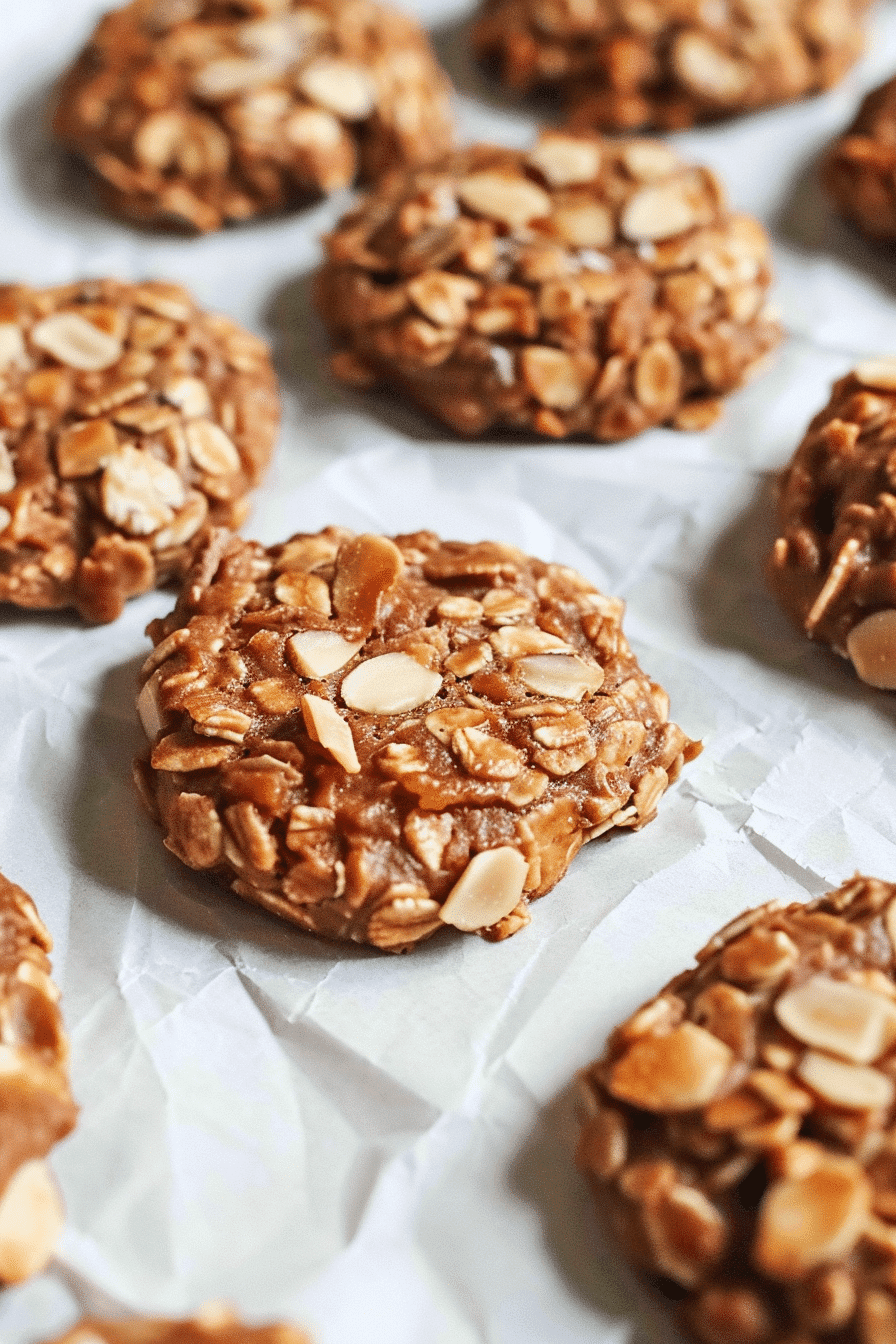 Close-up of a no bake cookie with maple syrup and oats on parchment paper