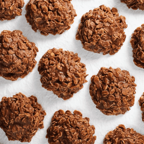 Coffee chocolate no bake cookies with oats and peanut butter on a white background
