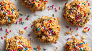Colorful sprinkle no bake cookies with peanut butter and rainbow sprinkles - easy homemade recipe photo