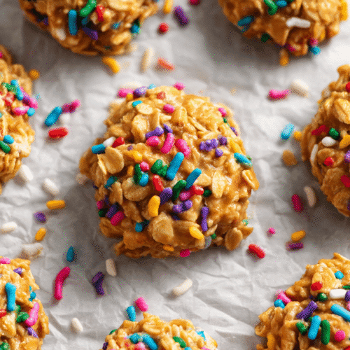 Colorful sprinkle no bake cookies made with peanut butter and oats topped with rainbow sprinkles