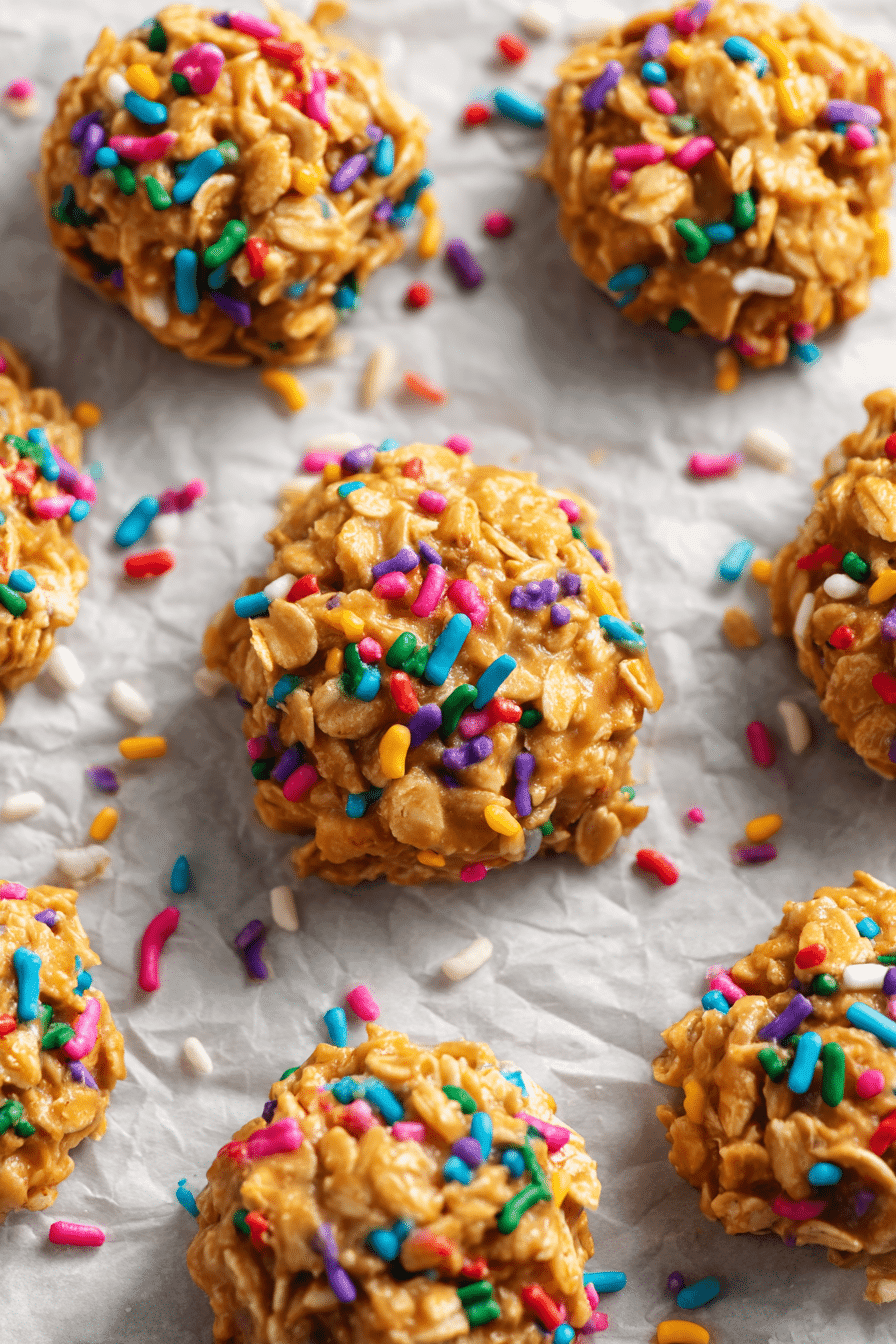 Colorful sprinkle no bake cookies made with peanut butter and oats topped with rainbow sprinkles
