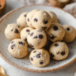 Cottage cheese cookie dough bites with chocolate chips in a rustic ceramic bowl