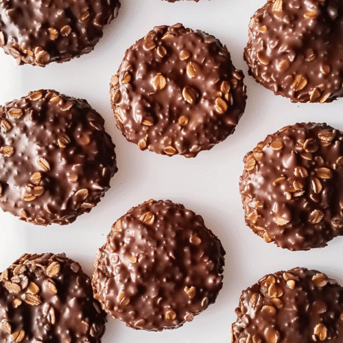 Dark chocolate Original No Bake Cookies with oats and peanut butter on white surface