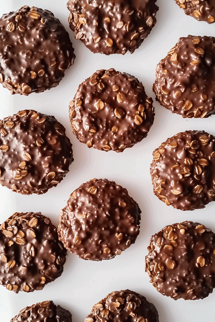 Dark chocolate Original No Bake Cookies with oats and peanut butter on white surface