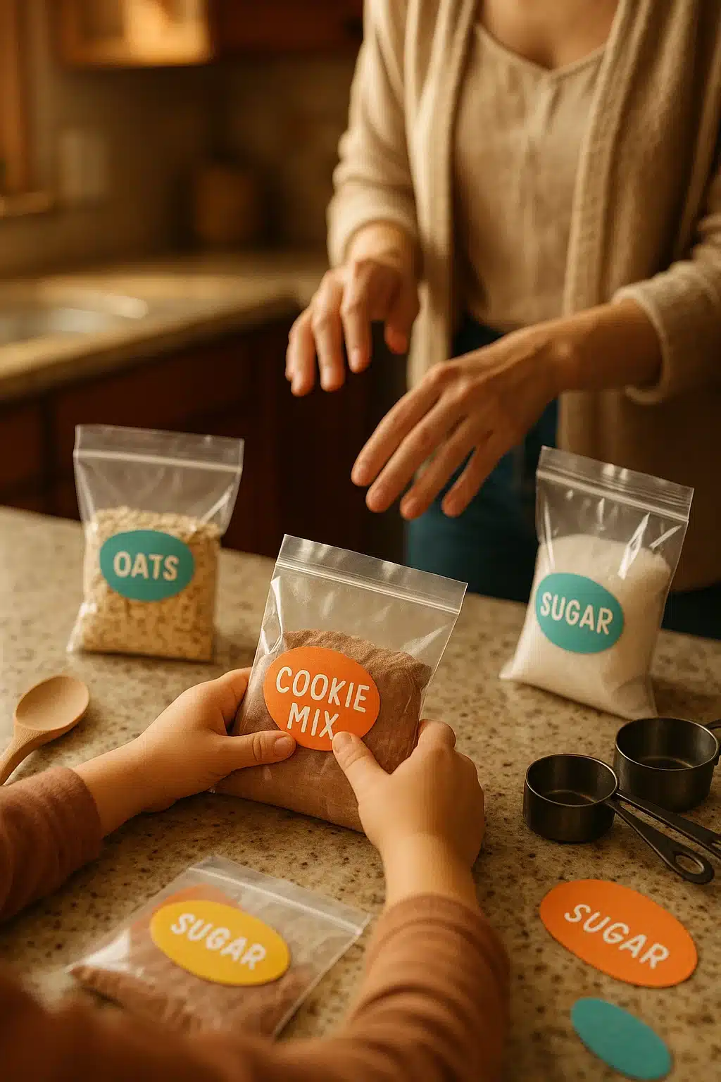 diy-no-bake-cookie-kit-for-kids-labeled-ingredients DIY no-bake cookie kit with labeled bags of cookie mix, oats, and sugar on a kitchen counter