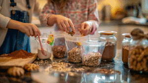 DIY no bake cookie kits for kids using oats, cocoa, and sugar in a cozy kitchen setting