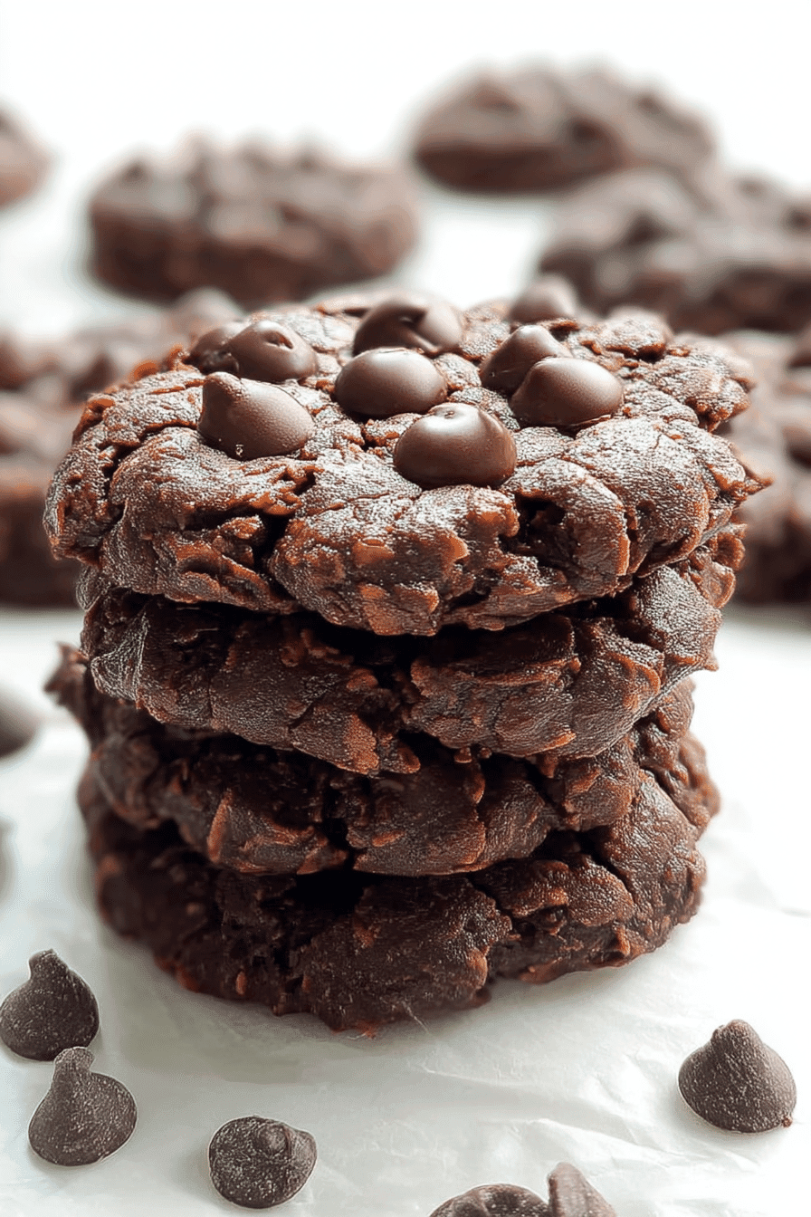 Stack of chewy Double Chocolate No Bake Cookies with chocolate chips on white parchment paper.