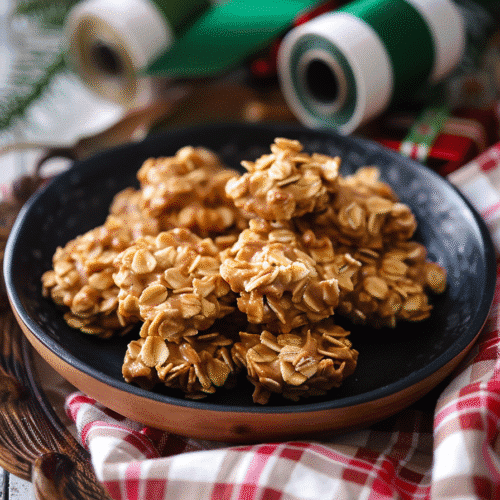 Homemade no-bake peanut butter oat cookies served on a black plate in a wooden bowl, holiday ribbon and wrapping paper in background.