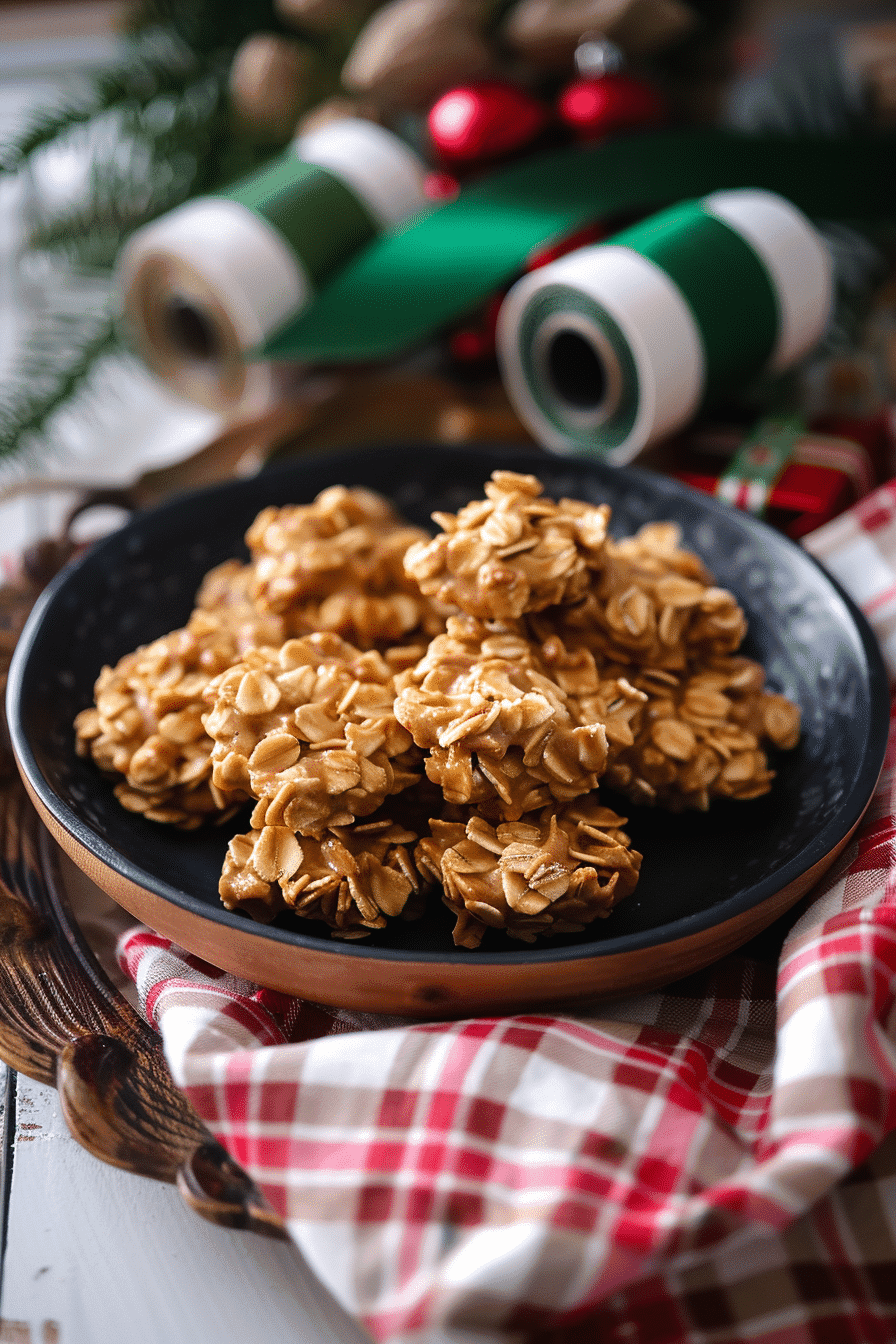 Homemade no-bake peanut butter oat cookies served on a black plate in a wooden bowl, holiday ribbon and wrapping paper in background.