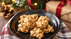 Grandmas No Bake Cookies with peanut butter and oats on a black plate, holiday background.