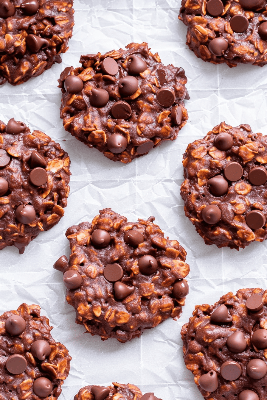 Chocolate chip no bake cookies arranged in a grid on parchment paper, made with oats, peanut butter, and cocoa.