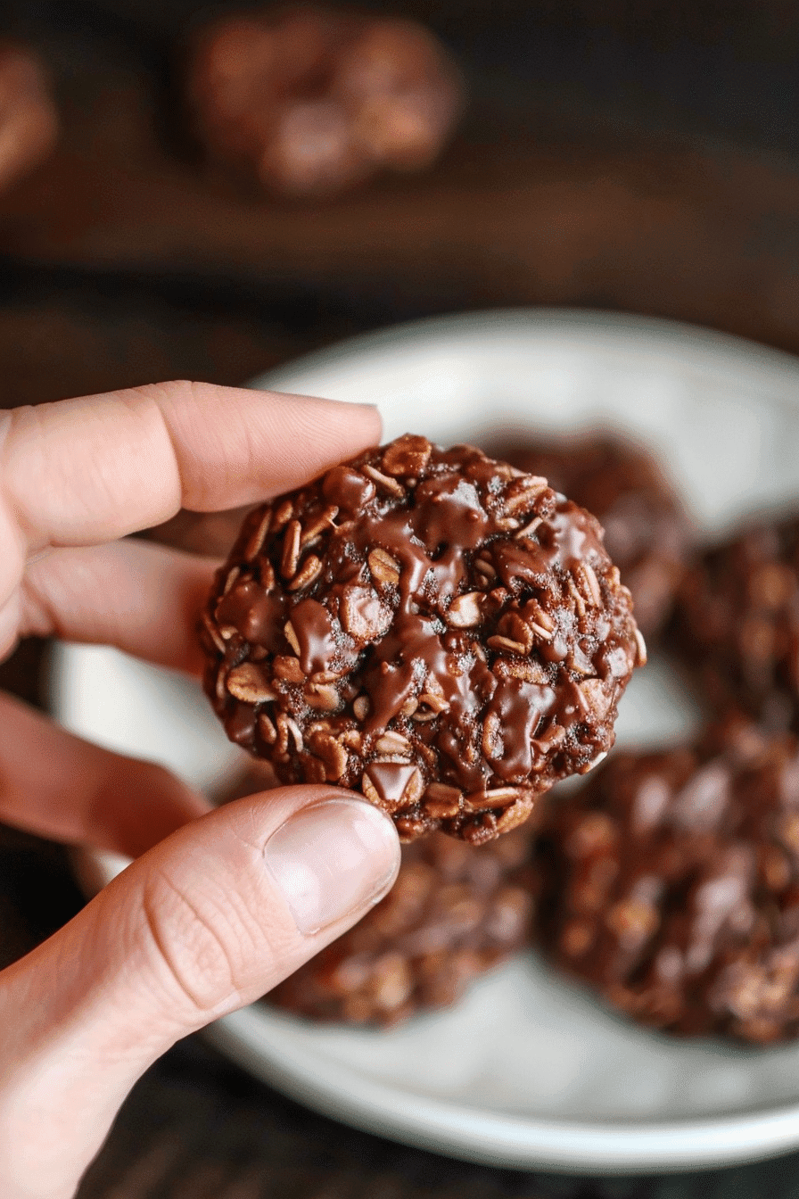 Hand holding a Classic No Bake Cookie with Honey showing rich chocolate, oats, and peanut butter texture