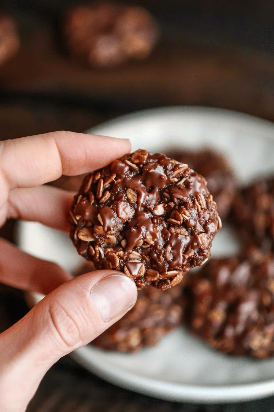 Hand holding a Classic No Bake Cookie with Honey showing rich chocolate, oats, and peanut butter texture