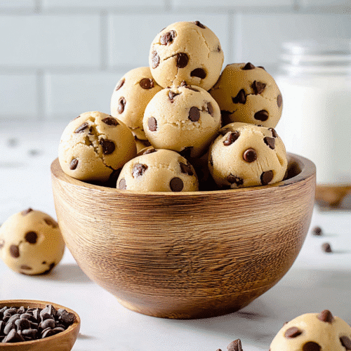 Homemade chocolate chip edible cookie dough bites in a wooden bowl with milk and chocolate chips.