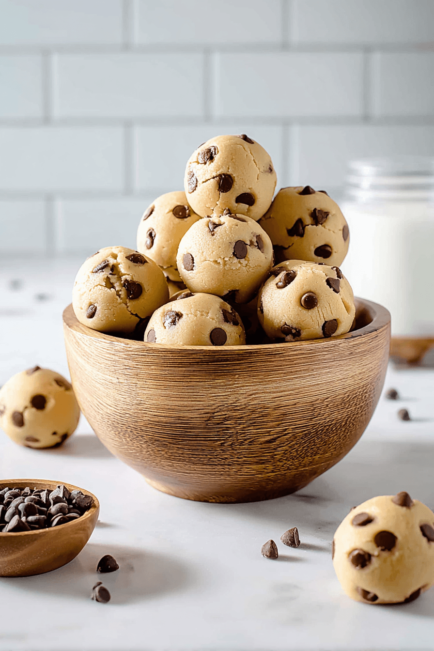 Homemade chocolate chip edible cookie dough bites in a wooden bowl with milk and chocolate chips.
