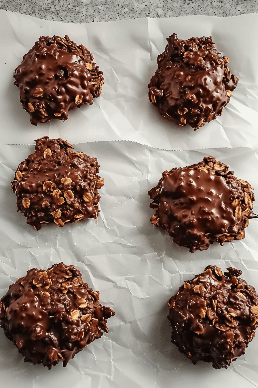 Large clusters of vintage no bake chocolate drop cookies made with oats, cocoa, and peanut butter on parchment paper.