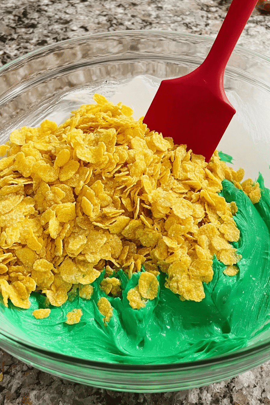 Mixing cornflakes with green marshmallow in a bowl for no-bake holiday wreath cookies