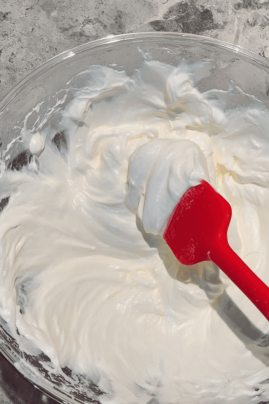 Mixing melted marshmallows in a bowl with a red spatula for holiday cornflake wreath cookies