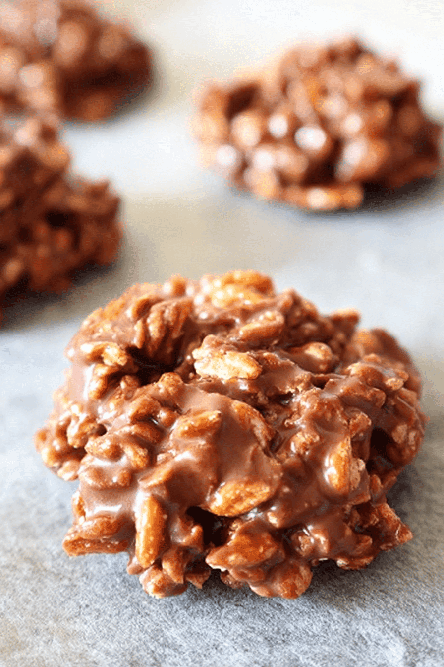 Single no bake chocolate cookie with oats and crushed pretzels on parchment paper
