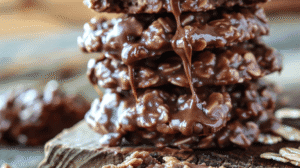 no bake cookies with evaporated milk, chocolate, oats, and peanut butter stacked on rustic wooden board