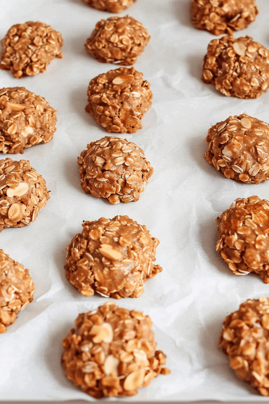 Freshly shaped no bake cookies with maple syrup and oats on parchment-lined tray