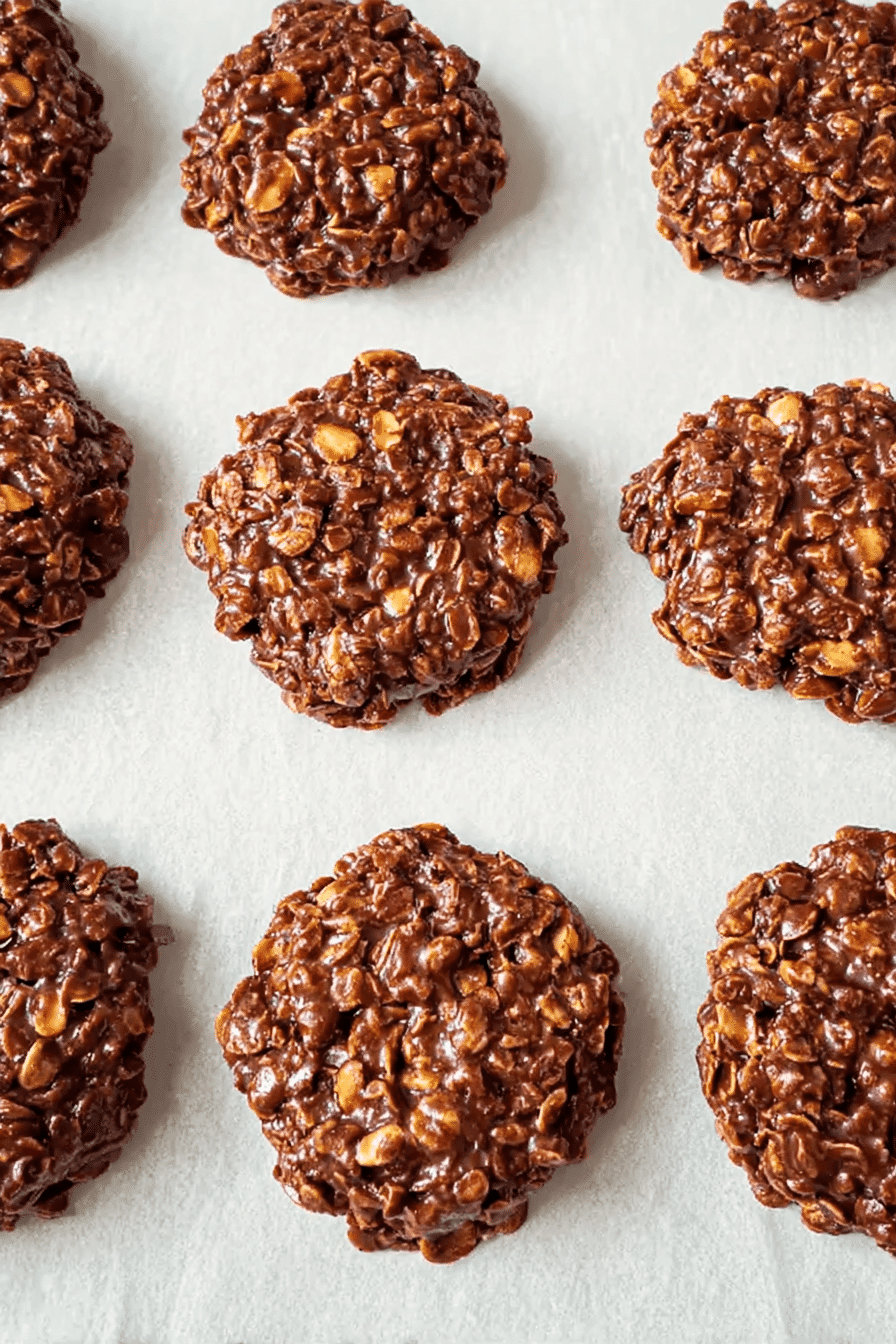Flat lay of chocolatey no bake cookies with powdered milk and oats cooling on parchment paper