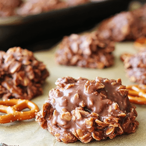 no bake cookies with crushed pretzels and chocolate oats on parchment paper