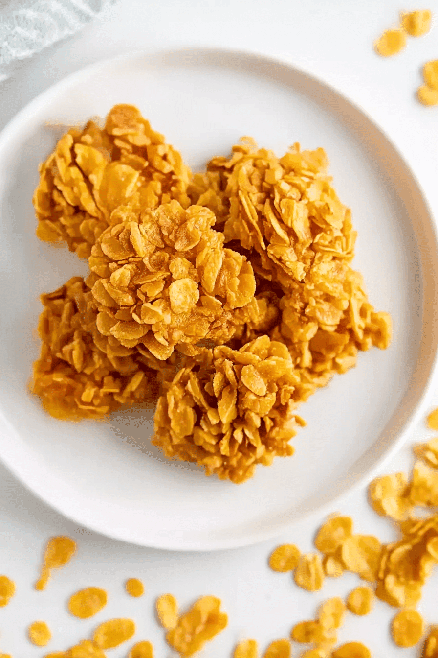 Freshly Made No Bake Cornflake Cookies on a White Plate