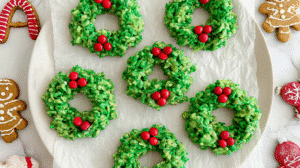 no-bake cornflake wreaths holiday treats with red candy decorations on marble plate