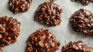 no bake oatmeal fudge drop cookies with glossy chocolate and oats on parchment paper