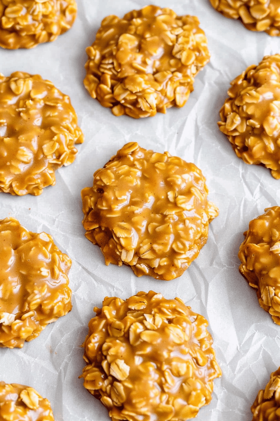 Batch of no bake peanut butter oat cookies made with corn syrup on parchment paper