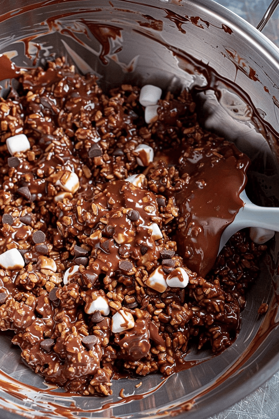 Chocolate and Rice Krispies mixture for no bake cookies in mixing bowl.