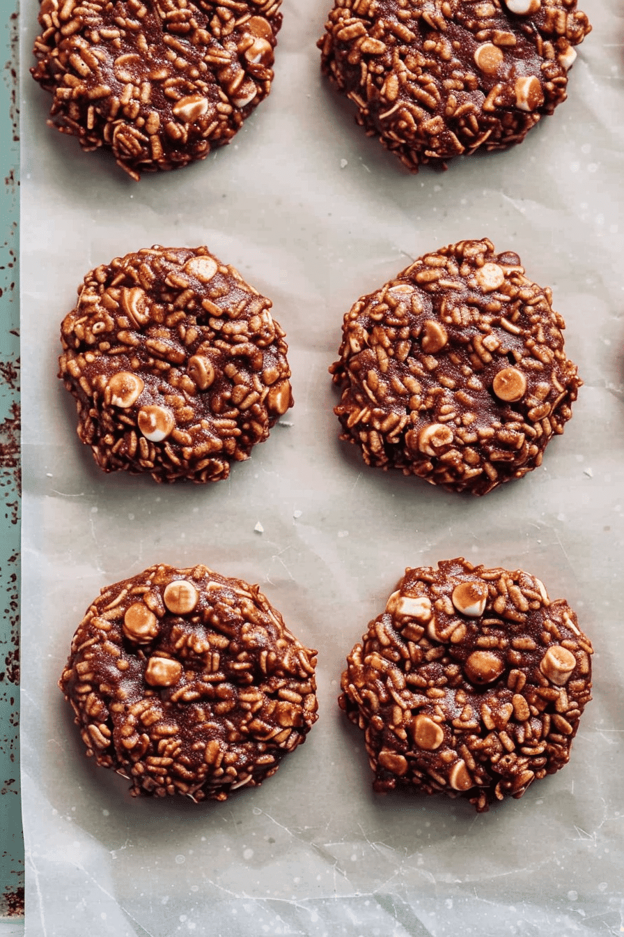 No bake Rice Krispies cookies cooling on parchment-lined baking sheet