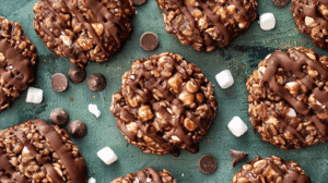 no bake Rice Krispies cookies chocolate drizzled with melted chocolate.