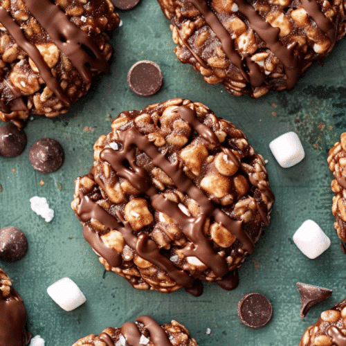 no bake Rice Krispies cookies chocolate drizzled with melted chocolate.