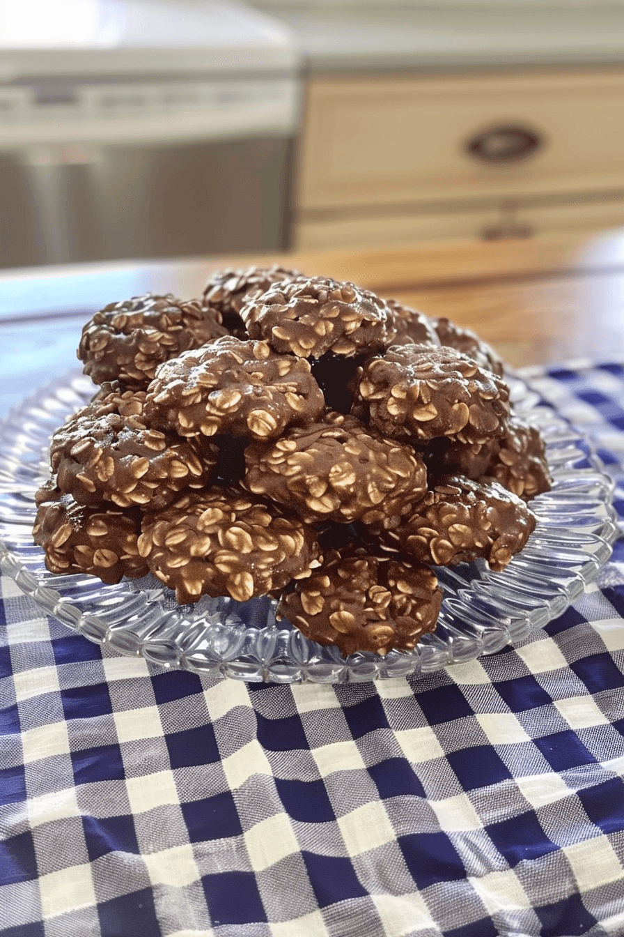 Homemade Original Chocolate Oatmeal No Bake Cookies stacked on a plate over checkered tablecloth