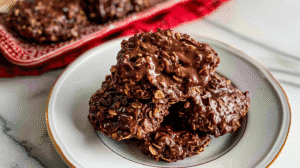 Peanut Butter Chocolate Swirl No Bake Cookies on white plate