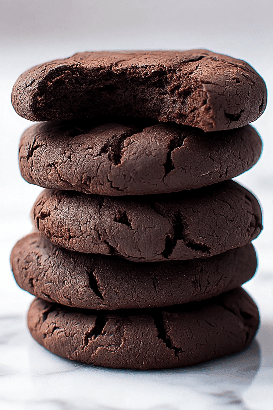 Stack of Quick Cocoa No Bake Cookies with a bite taken from the top cookie