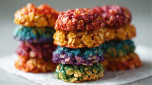 Rainbow no bake cookies made with oats, stacked in vibrant layers