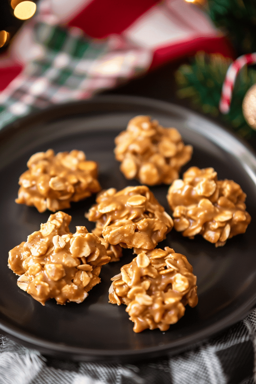 Close-up of peanut butter oat no-bake cookies on a black plate with holiday ribbon in background.